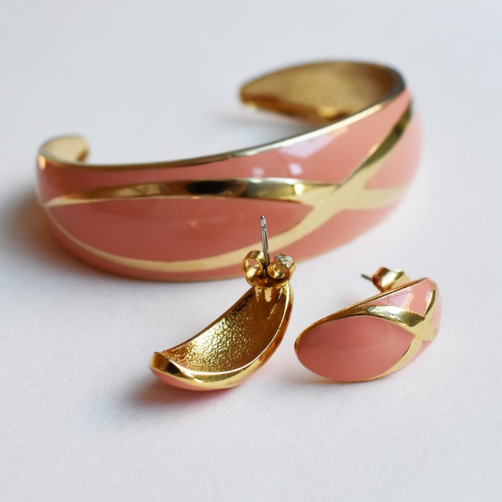 Blush orange enamel stud earrings, cuff bangle bracelet, gold summer jewelry set